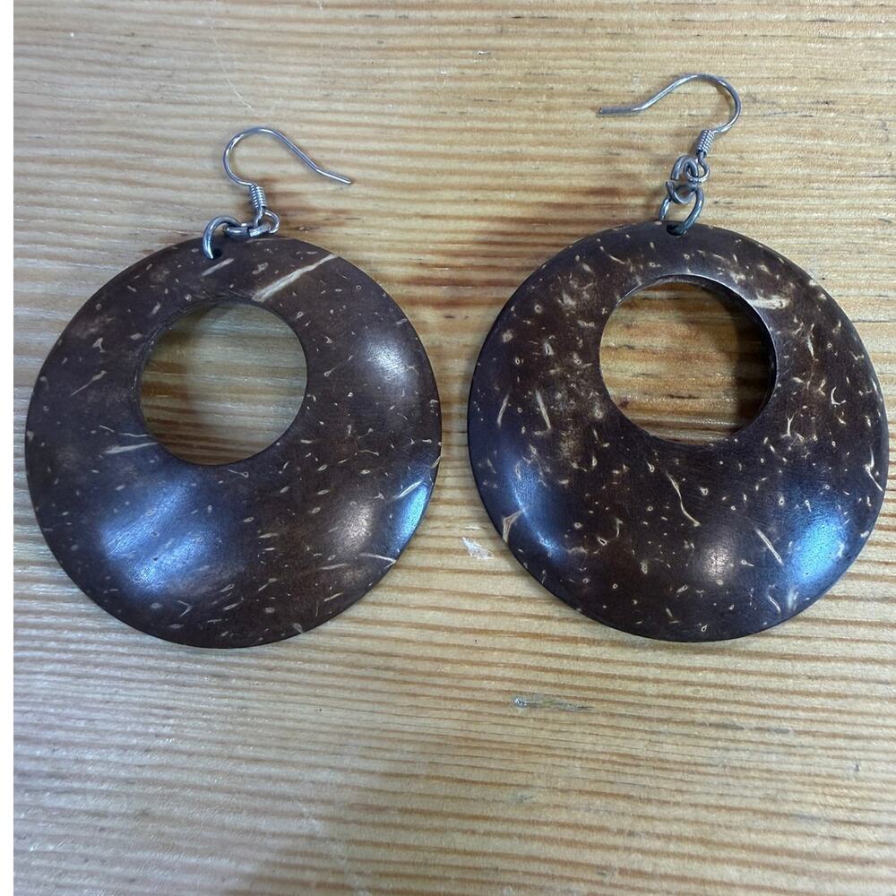 Large Coconut Shell Disc Earrings Brown Donut Hoop Boho Statement 3"